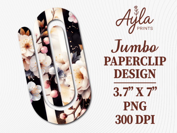 Floral Black White Jumbo Paperclip PNG for Graphics and Crafts